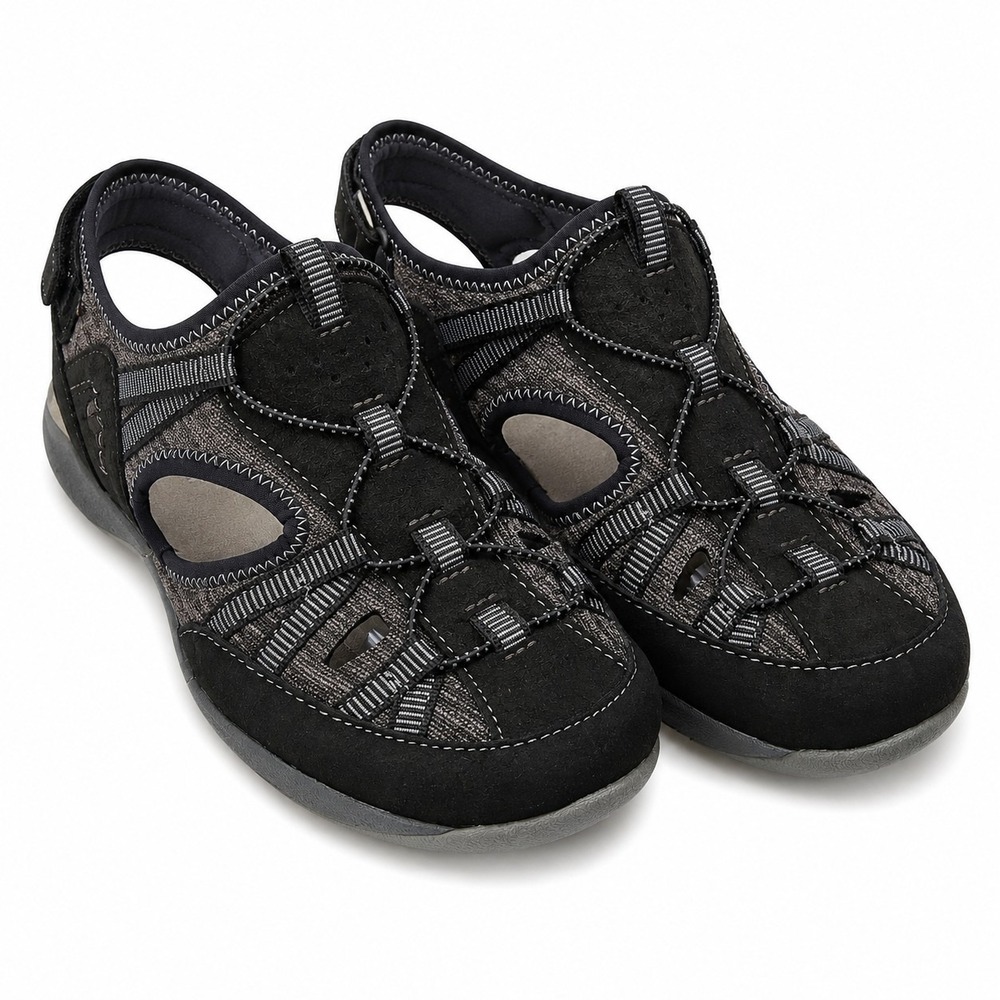 EARTH ORIGINS "Skye Sid" Fisherman Sandal Womens Sz 7W Black Grey Suede Hiking